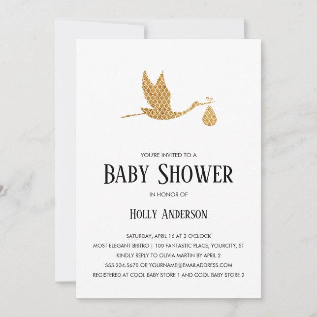 Invitación Cigüeña de muy buen gusto simple del oro de Baby (Anverso)