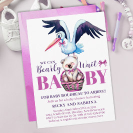 Invitación Cigüeña De Oso De Teddy Ahí, Baby Shower Rosa