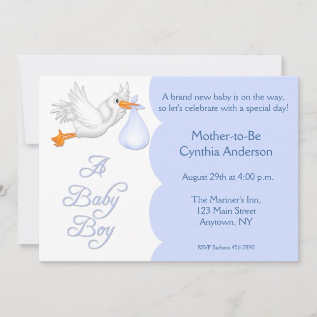 Invitación Cigüeña del azul del muchacho de Baby Shower (Anverso)