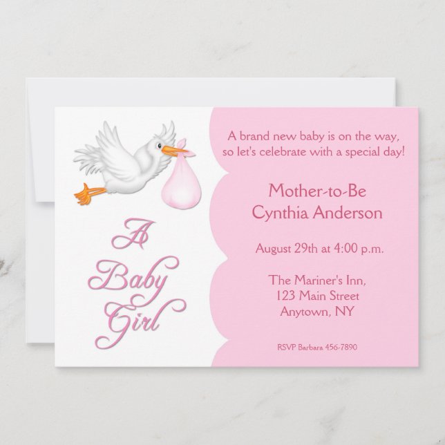 Invitación Cigüeña del rosa del chica de Baby Shower (Anverso)