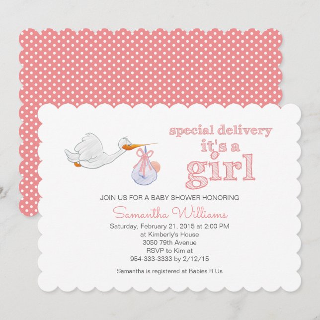 Invitación Cigüeña elegante con BABY SHOWER para bebés (Anverso / Reverso)