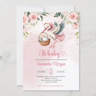 Invitación Cigüeña linda dando a luz a una niña floral