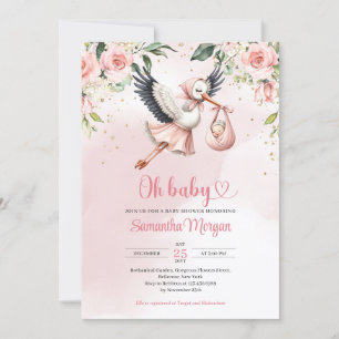 Invitación Cigüeña linda dando a luz a una niña floral