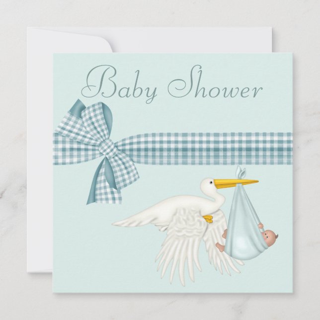Invitación Cigüeña linda que entrega el azul Baby Shower del (Anverso)