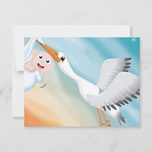Invitación Cigüeña llevando un bebé recién nacido (Anverso)