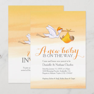 Invitación Cigüeña nuevo bebé naranja dorado parejas baby sho