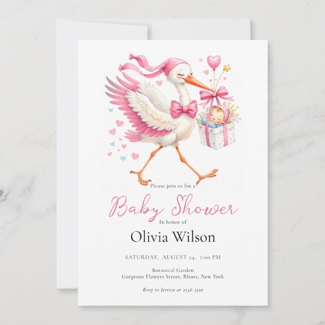 Invitación Cigüeña Rosa Con Bebé (Anverso)