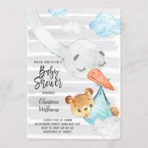 Invitación Cigüeña y cachorro de oso Baby Shower azul y gris