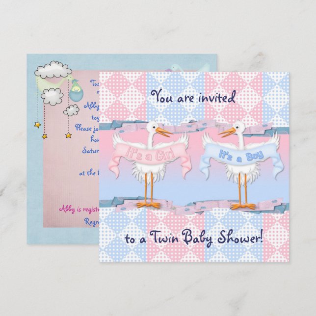 Invitación Cigüeñas gemelas para Baby Shower (Anverso / Reverso)
