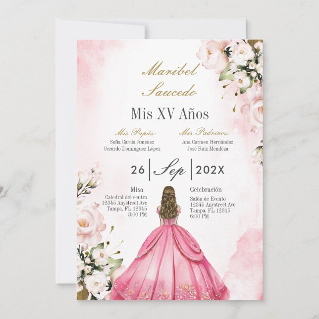 Invitación Cinceañera de vestido rosa (Anverso)