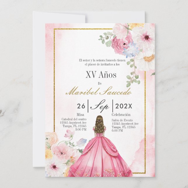 Invitación Cinceañera de vestido rosa (Anverso)