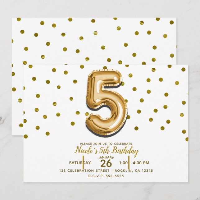 Invitación CINCO 5 5to Globo Dorado & Fiesta de Cumpleaños co (Anverso / Reverso)