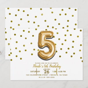 Invitación CINCO 5 5to Globo Dorado y Fiesta de Cumpleaños co