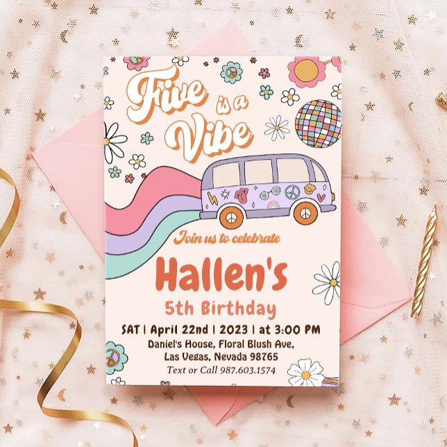 Invitación Cinco a Vibe Groovy arco iris retro quinto cumplea (Subido por el creador)