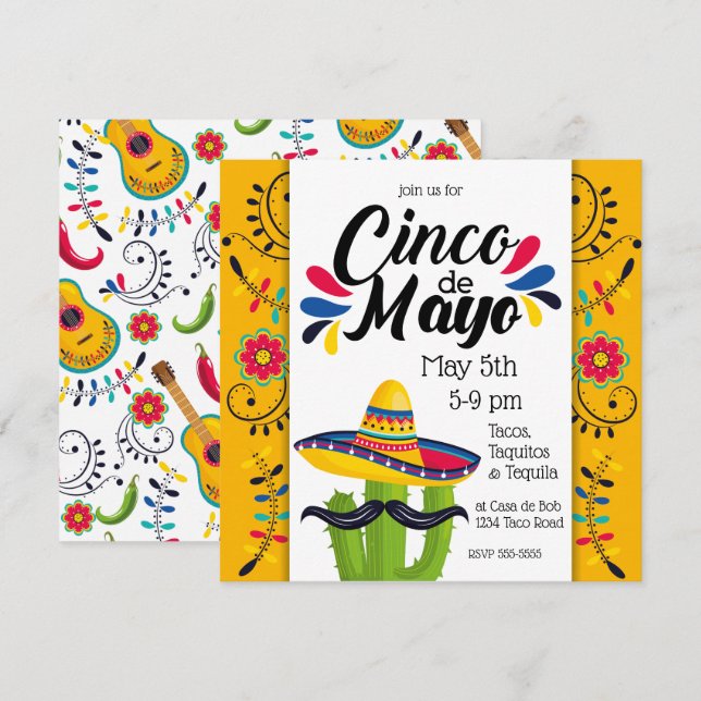 Invitación Cinco de Mayo Cactus Flores populares (Anverso / Reverso)