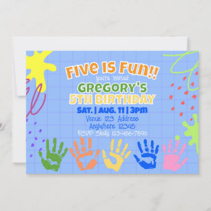 Invitación Cinco es Divertido, Mano Pintada Colorida Cumpleañ