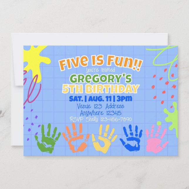 Invitación Cinco es Divertido, Mano Pintada Colorida Cumpleañ (Anverso)
