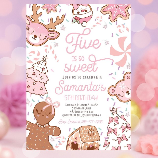 Invitación Cinco es la fiesta de cumpleaños de Cookie para lo (Five Is So Sweet girl Christmas cookie birthday party with festive holiday décor, colorful cookies, )