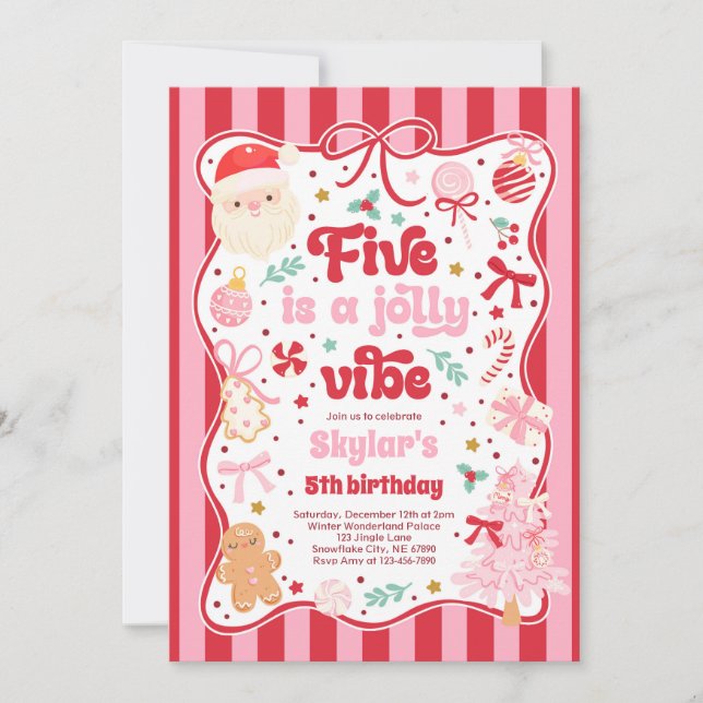 Invitación Cinco Es Un Ambiente Alegre De Navidad Cumpleaños  (Anverso)