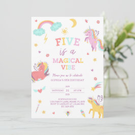 Invitación Cinco es un cumpleaños mágico de la unicornio