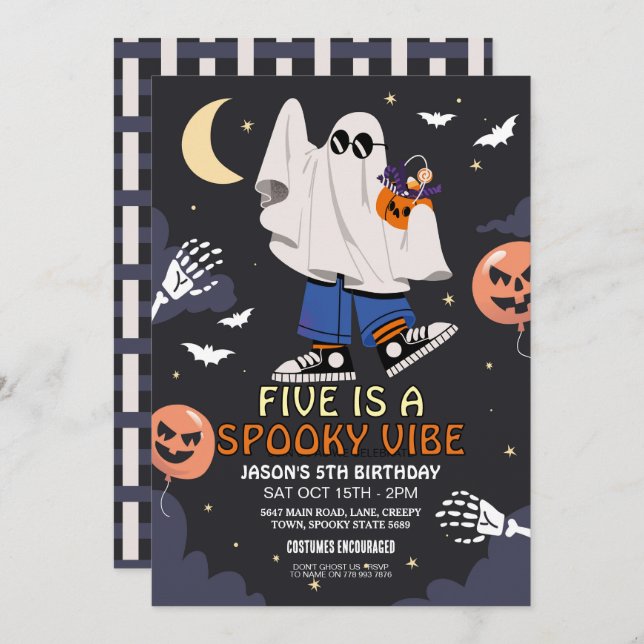 Invitación Cinco es un disfraz de Halloween para los Fantasma (Anverso / Reverso)