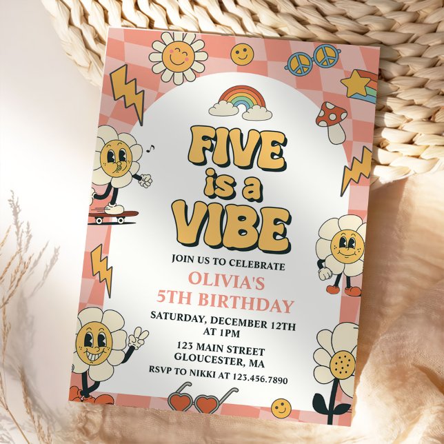 Invitación Cinco es un Vibe Daisy & Retro Van Pink 5º cumplea (Subido por el creador)