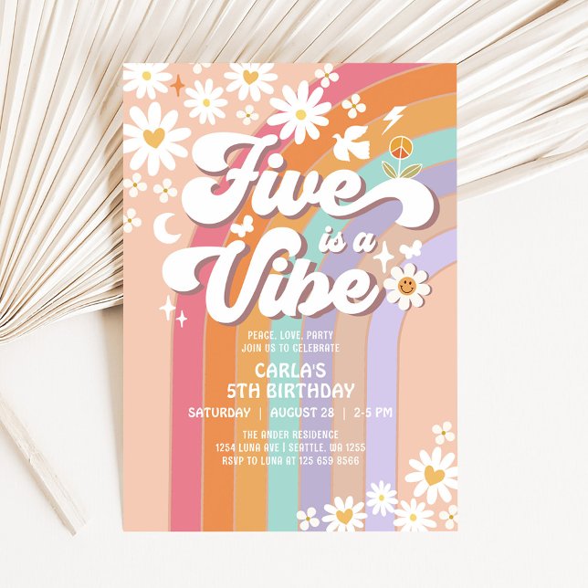 Invitación Cinco es una Vibra Daisy Arcoíris Retro Cumpleaños (Subido por el creador)