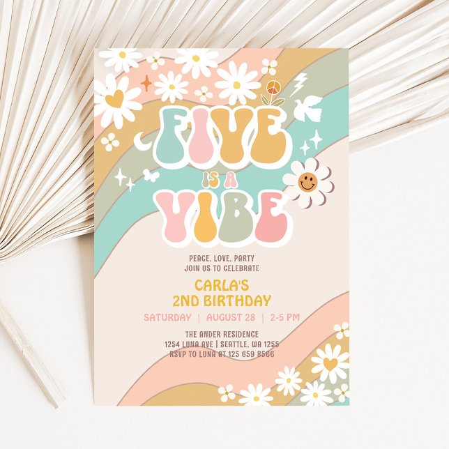 Invitación Cinco es una Vibra Daisy Hippie Retro Cumpleaños D (Subido por el creador)