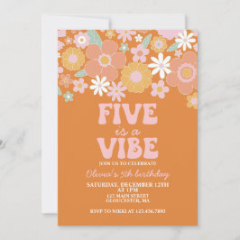 Invitación Cinco es una vibra Groovy Floral Retro cumpleaños