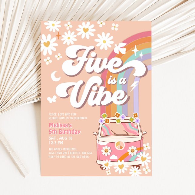 Invitación Cinco es una Vibra Groovy Hippie Daisy Cumpleaños  (Subido por el creador)