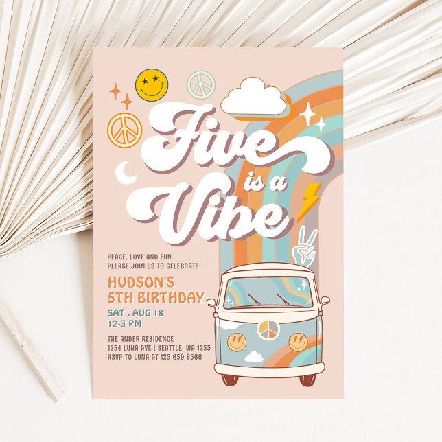 Invitación Cinco es una vibra hippie retro de los 70 cumpleañ (Subido por el creador)