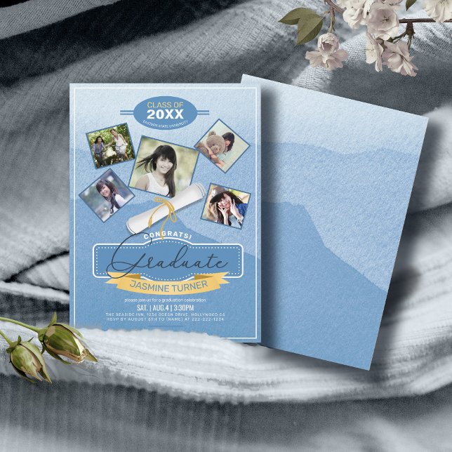 Invitación Cinco fotos de la graduación de color de agua Blue (Subido por el creador)