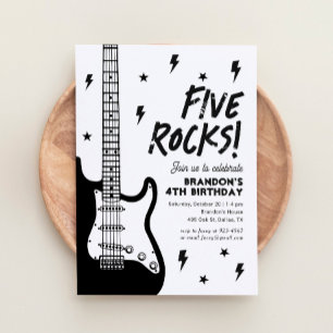 Invitación Cinco Rocks Guitar Rock y Roll Quinto Cumpleaños