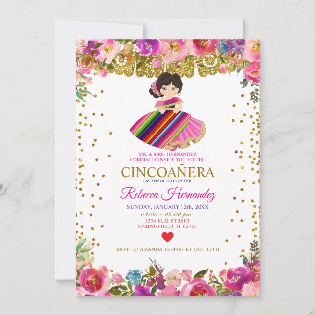 Invitación CINCOAÑERA Real Chica Rosa Mexicana (Anverso)
