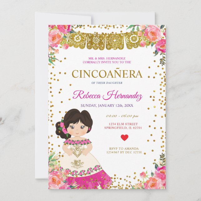 Invitación CINCOAÑERA Real Rosa Mexicana (Anverso)