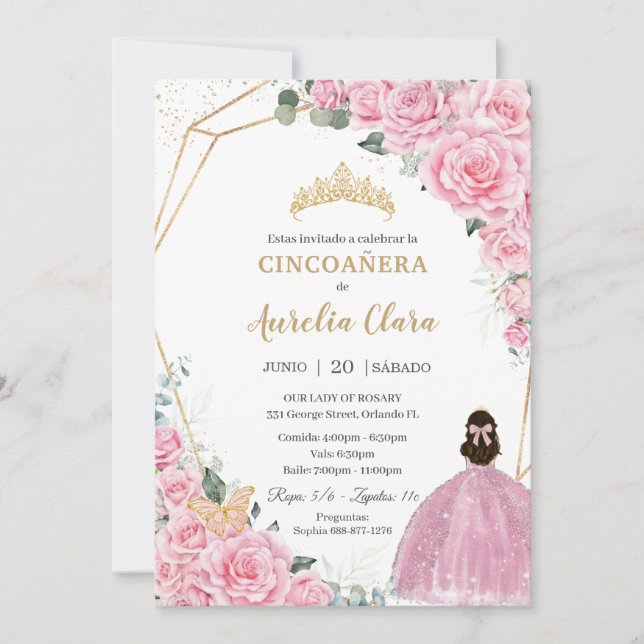 Invitación Cincoañera Rosa Rosa Floral Princesa de Oro (Anverso)
