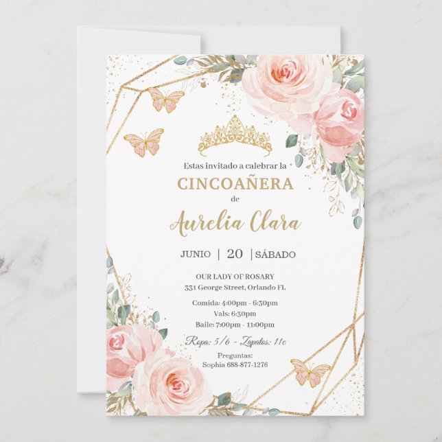 Invitación Cincoañera Rubor Mariposas Florales Rosa Princesa (Anverso)