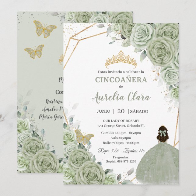 Invitación Cincoañera Sage Green Floral Gold Prinress (Anverso / Reverso)