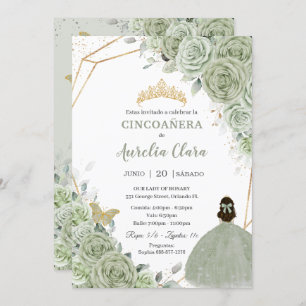 Invitación Cincoañera Sage Green Floral Gold Prinress