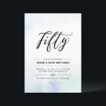 Invitación Cincuenta | Blue Watercolor 50ª Fiesta de Cumpleañ<br><div class="desc">Celebra tu día especial con esta simple invitación mínima a la fiesta de cumpleaños número 50. Este diseño cuenta con un elegante guión grabado con letras "Fifty" con un suave fondo azul y acuarela de menta. En mi tienda BaraBomDesign hay más invitaciones para adultos de cumpleaños y suministros para fiestas....</div>