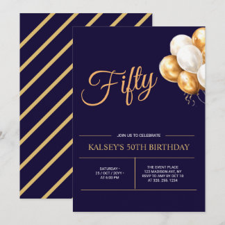 Invitación Cincuenta | Cumpleaños 50 Moderno Dorado y Azul