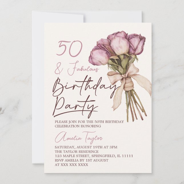 Invitación Cincuenta cumpleaños floral de Boho (Anverso)
