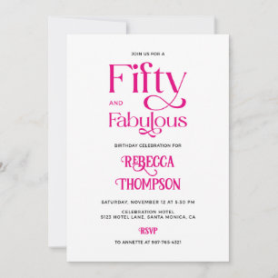 Invitación Cincuenta Fabuloso Rosa Caliente Script Cumpleaños