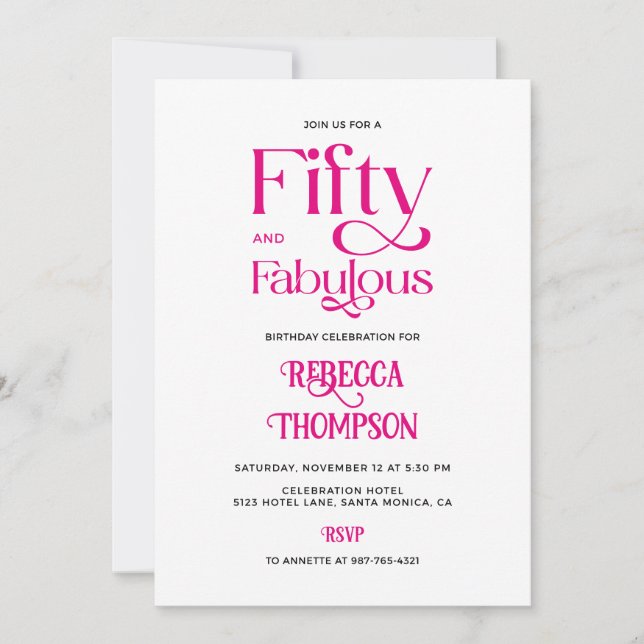 Invitación Cincuenta Fabuloso Rosa Caliente Script Cumpleaños (Anverso)