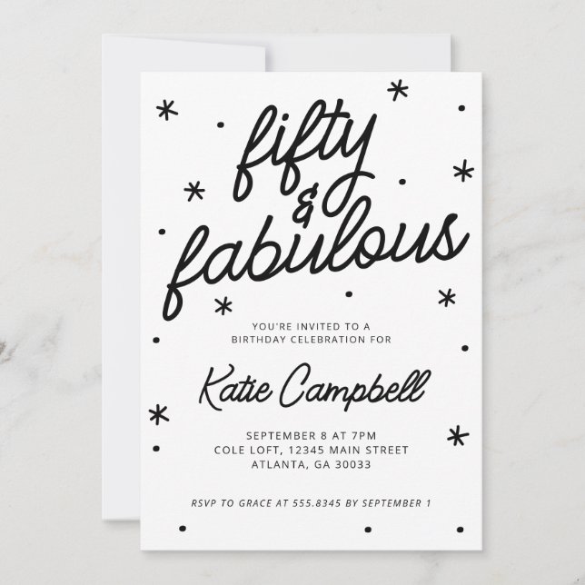 Invitación Cincuenta Fabuloso Script Cumpleaños 50 Blanco Neg (Anverso)