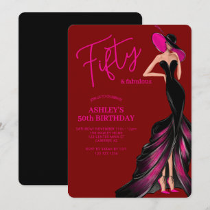Invitación Cincuenta Fabuloso Vestido Rojo Profundo Cumpleaño