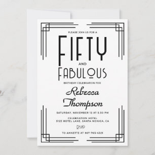 Invitación Cincuenta Fabulosos Cumpleaños 50 Art Déco Blanco 