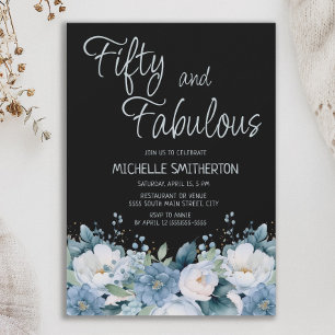 Invitación Cincuenta Fabulosos Dusty Blue Blanco Floral Negro
