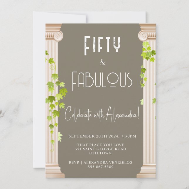 Invitación Cincuenta Fabulous Elegante Tema Griego Cumpleaños (Anverso)