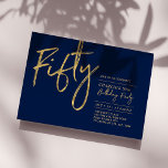 Invitación Cincuenta | Fiesta de cumpleaños moderna número 50<br><div class="desc">Celebra tu día especial con esta sencilla y elegante invitación de cumpleaños número 50. Este diseño presenta un "Cincuenta" con letra de pincel en una distribución limpia en el combo de colores azul marino y dorado. Más diseños disponibles en mi tienda BaraBomDesign.</div>